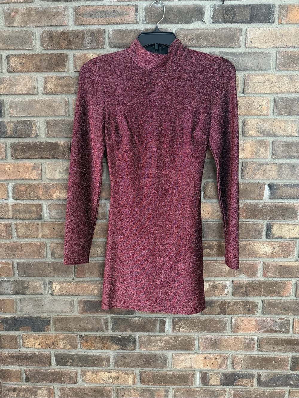 Bardot Metallic Burgundy Mock Neck Mini Dress